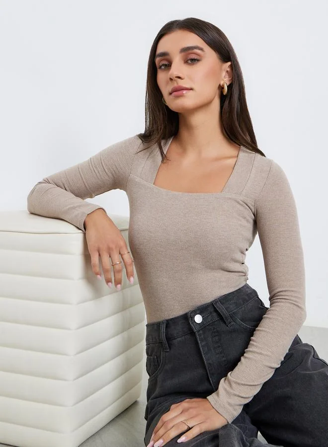 Styli Women Beige Long Sleeve Square Neck Knit Top